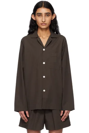 Tekla Brown Poplin Long-Sleeved Pyjama Shirt
