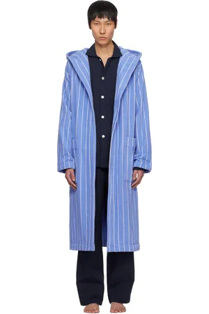 Tekla Blue & White Terry Hooded Bathrobe