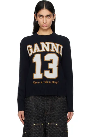 Ganni Navy Graphic Wool Mix Baseball Sweater