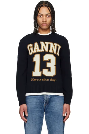 Ganni Navy Graphic Wool Mix Baseball Sweater