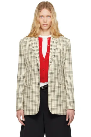 Ami Beige Checked Wool Semi-Lined Blazer