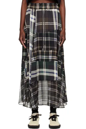 SACAI Green & Brown Plaid Print Maxi Skirt