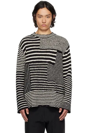 YOHJI YAMAMOTO Black & Off-White 3G1P Border Round Neck Knit Sweater