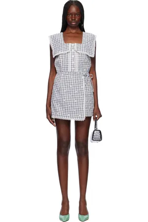 Anna Sui Black & Gray Daisy Embroidery On Gingham Tie Romper