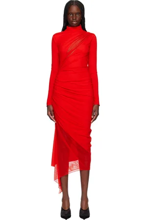 MUGLER Red Asymmetrical Double-Layered Midi Dress