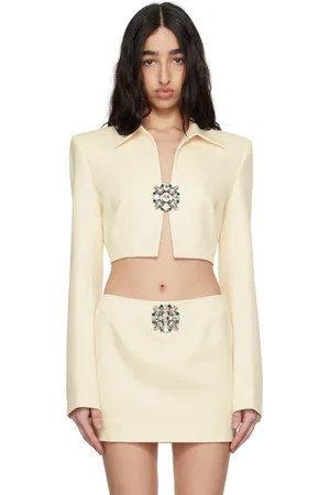AREA Off-White Crystal Brooch Cropped Jacket