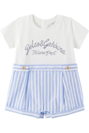 Dolce & Gabbana Baby White & Blue Striped Seersucker & Jersey Romper