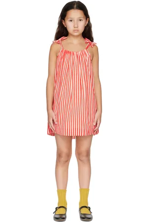 BONPOINT Kids Red & Beige Eloise Striped Crepe Dress