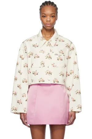 BLUMARINE White & Pink Floral Print Rhinestone Pin Denim Jacket