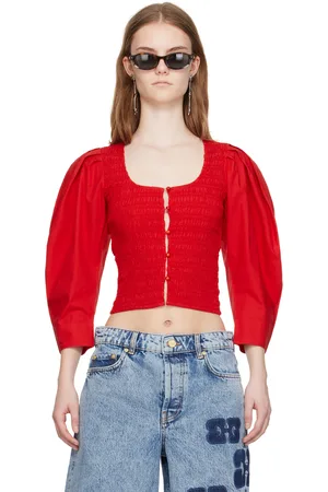 Ganni Red Smocked Blouse