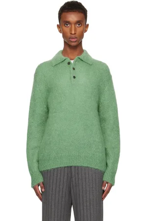 Solid Green Mohair Collar Neck Knit Polo