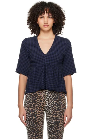 Ganni Blue & Black V-Neck Blouse