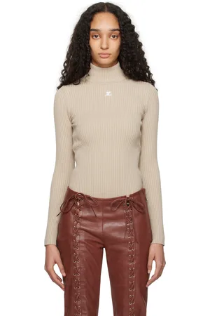 Courrèges Beige Reedition Rib Knit Mock Neck Sweater
