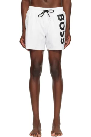 HUGO BOSS White Vertical Logo Print Swim Shorts