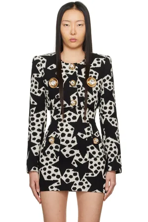 AREA Black & Off-White Crystal Medallion Blazer