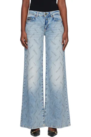 VERSACE Blue Crystal Logo Flared Jeans