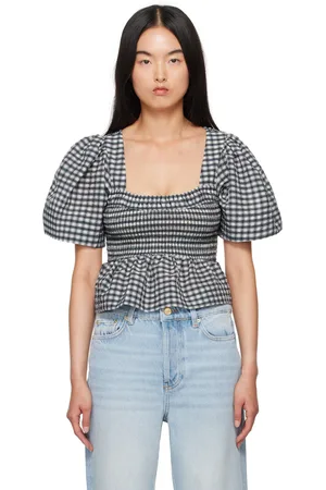 Ganni Off-White & Gray Check Blouse