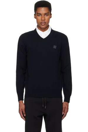 HUGO BOSS Navy V-Neck Logo Patch Sweater