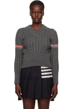Thom Browne Gray Classic Wool V-Neck Cable Sweater