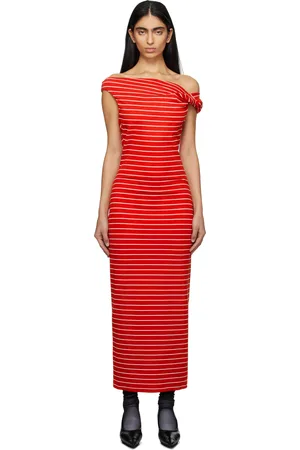 Msgm Red & White Striped Midi Dress