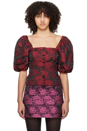 Ganni Black & Red Botanical Jacquard Blouse