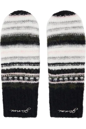 Ganni Black & White Striped Soft Wool Mitts