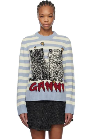 Ganni Blue & White Striped Graphic Cat Sweater