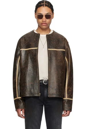 Guess Brown Round Neck Leather Jacket