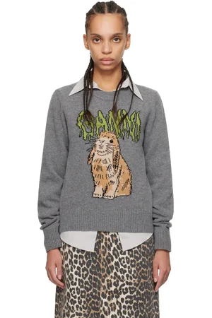 Ganni Gray Graphic Bunny Sweater