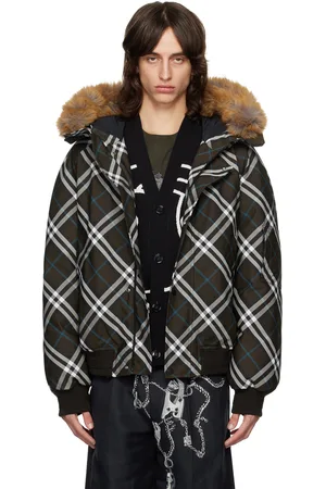 Burberry Brown Faux-Fur Trim Check Down Bomber Jacket