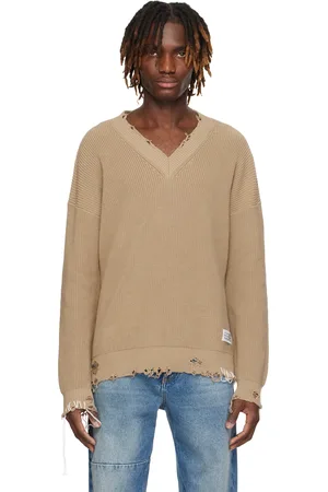 Maison Margiela Tan Frayed V-neck Sweater