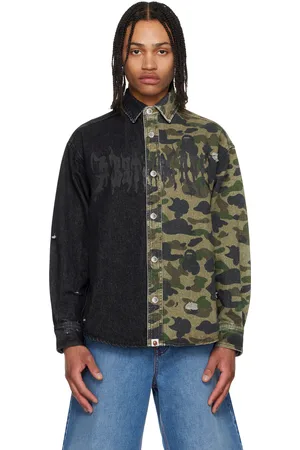 BAPE Black 1st Camo Blocking Destroyed Heavy Wash Logo Denim Shirt