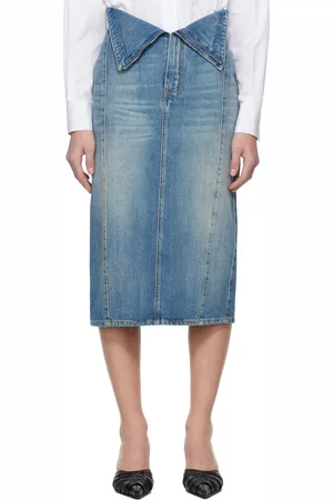 Alexander McQueen Blue Fold Over Waist Denim Midi Skirt