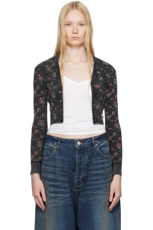 Alexander Wang Black Floral-Print Waffle Knit Cardigan