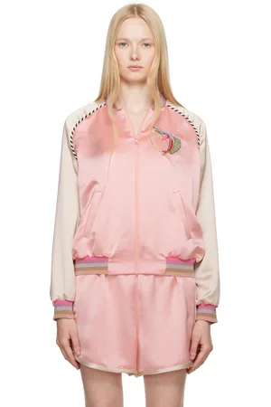 Anna Sui Pink Satin Embroidered Souvenir Bomber Jacket