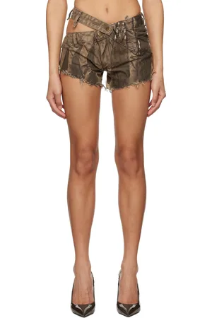 Masha Popova Brown Asymmetric Tribal Mini Denim Shorts