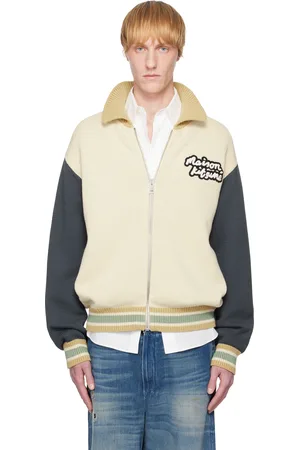 Maison Kitsuné Beige & Navy Knitted College Bomber Jacket