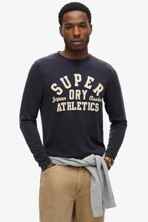 Superdry Herren Marineblau und Creme Langärmeliges Athletic Oberteil mit Logo-Druck, Größe: XL