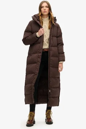 Superdry Damen Braun Maxi-Steppmantel mit Kapuze, Größe: 38