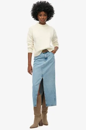 Superdry Damen Denim-Maxirock Mit Schlitz, Größe: 32