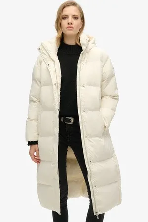 Superdry Damen Lang Geschnittener Steppmantel mit Kapuze