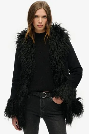 Superdry Damen Afghanischer Mantel mit Kunstfellfutter