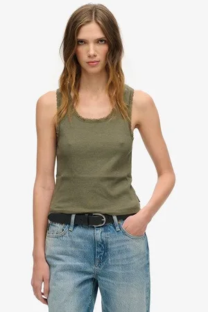 Superdry Damen Athletic Essentials Vintage Tanktop mit Spitzenbesatz