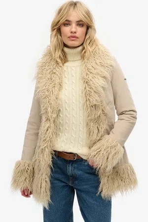 Superdry Damen Afghanischer Mantel mit Kunstfellfutter