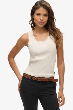 Superdry Damen Athletic Essentials Vintage Tanktop mit Spitzenbesatz