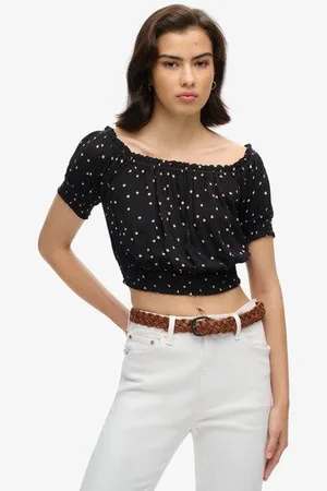 Superdry Damen Gesmoktes Kurztop mit Kurzen Ärmeln