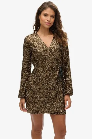 Superdry Damen Pailletten-Minikleid in Wickeloptik, Größe: 36