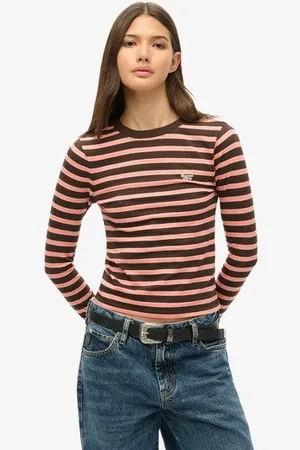 Superdry Damen Gestreiftes Oberteil mit Langen Ärmeln
