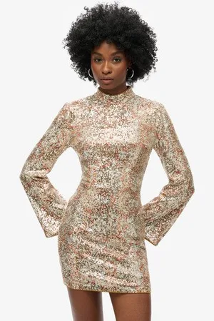 Superdry Damen Langärmeliges Bedrucktes Minikleid mit Pailletten