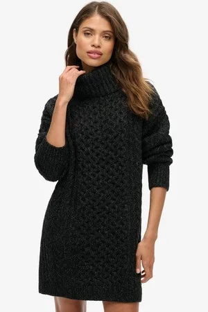 Superdry Damen Strickkleid mit Rollkragen und Zopfmuster